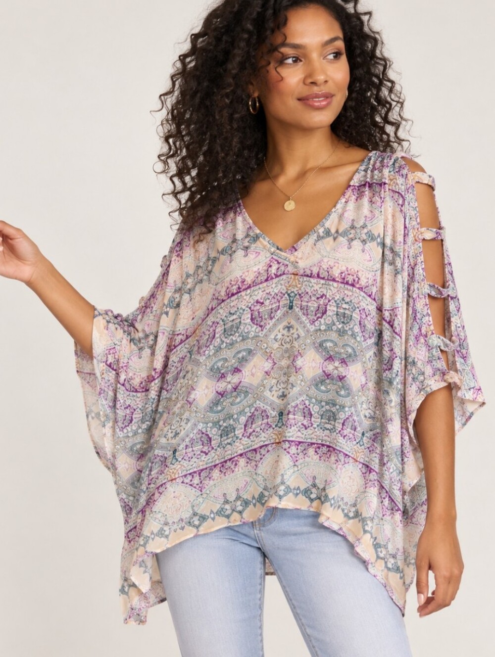 Lavender Brown NWOT XS Boho Kaftan V-Neck Blouse Sleeve Cutouts Purple Teal